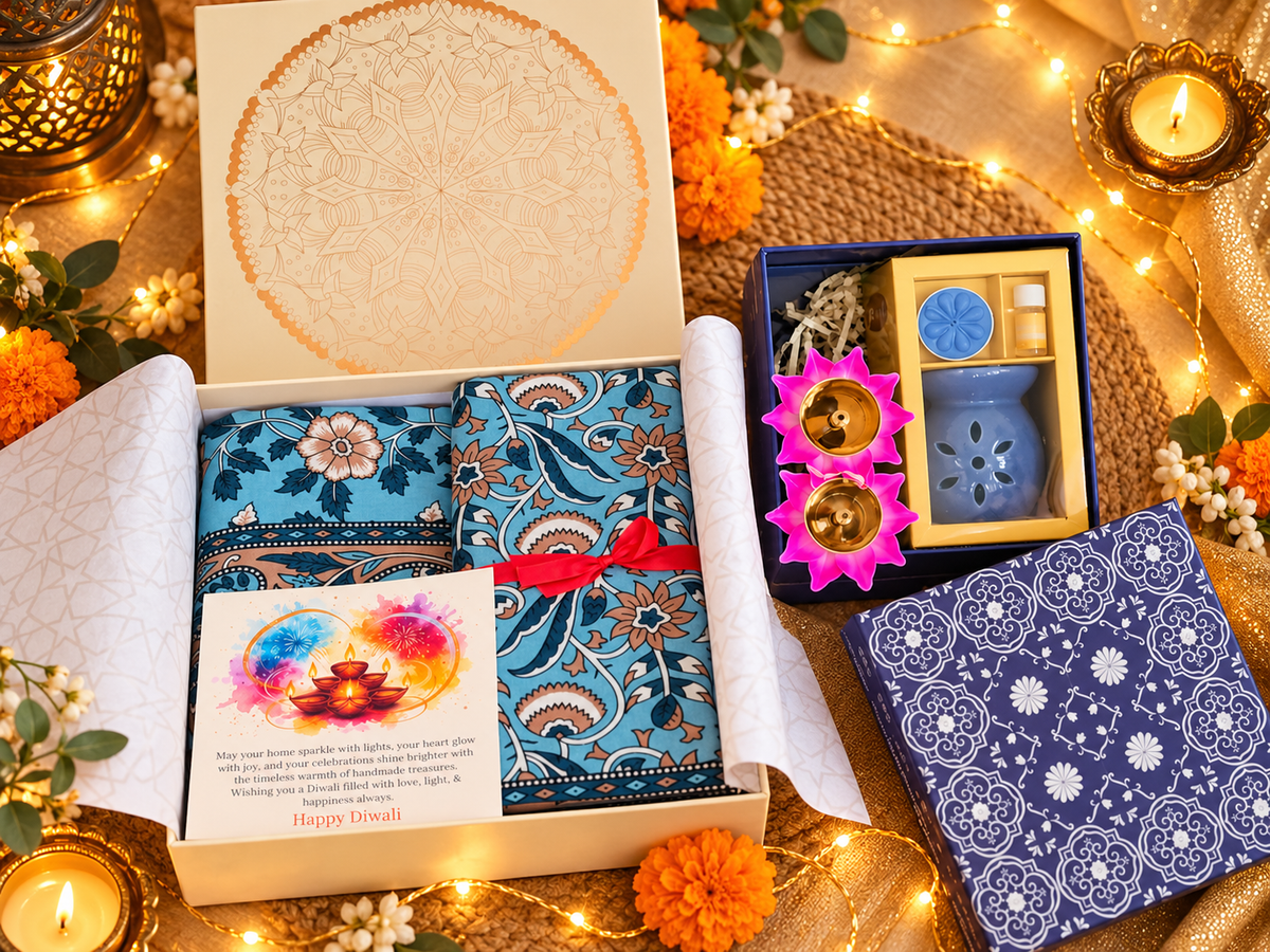 Diwali Gift Hamper - Bedsheet Value Gift Box | Bedsheet set & Metal Diya With Enamel and Diffuser set
