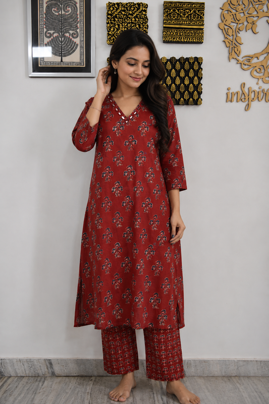 Designer Ajrakh cotton Kurta & Pant With Mirror Work - Size 40 to 44 ( all sizes)