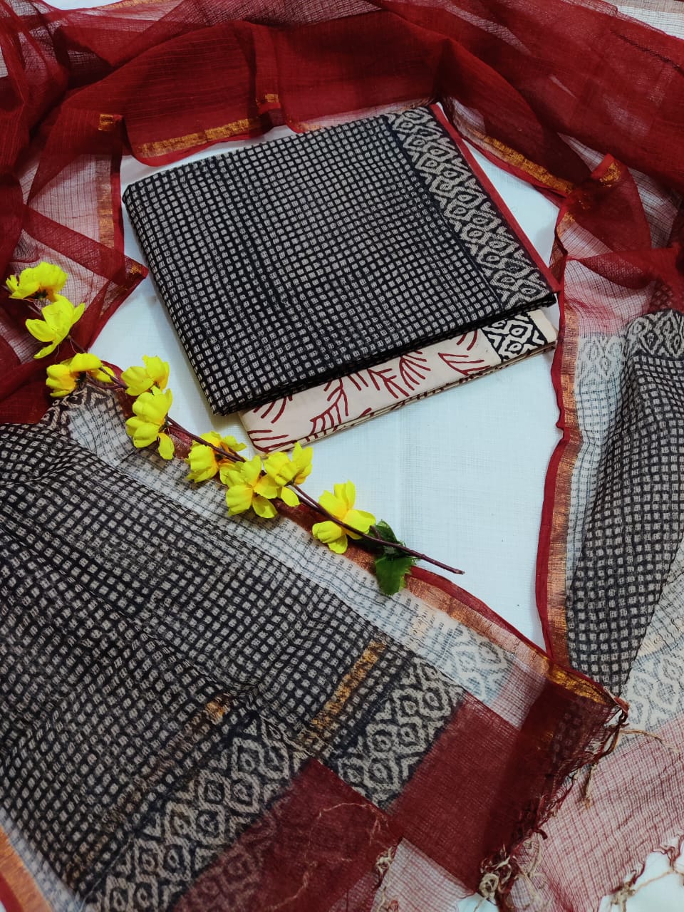Beautiful Hand Block printed Kota Doria cotton suit