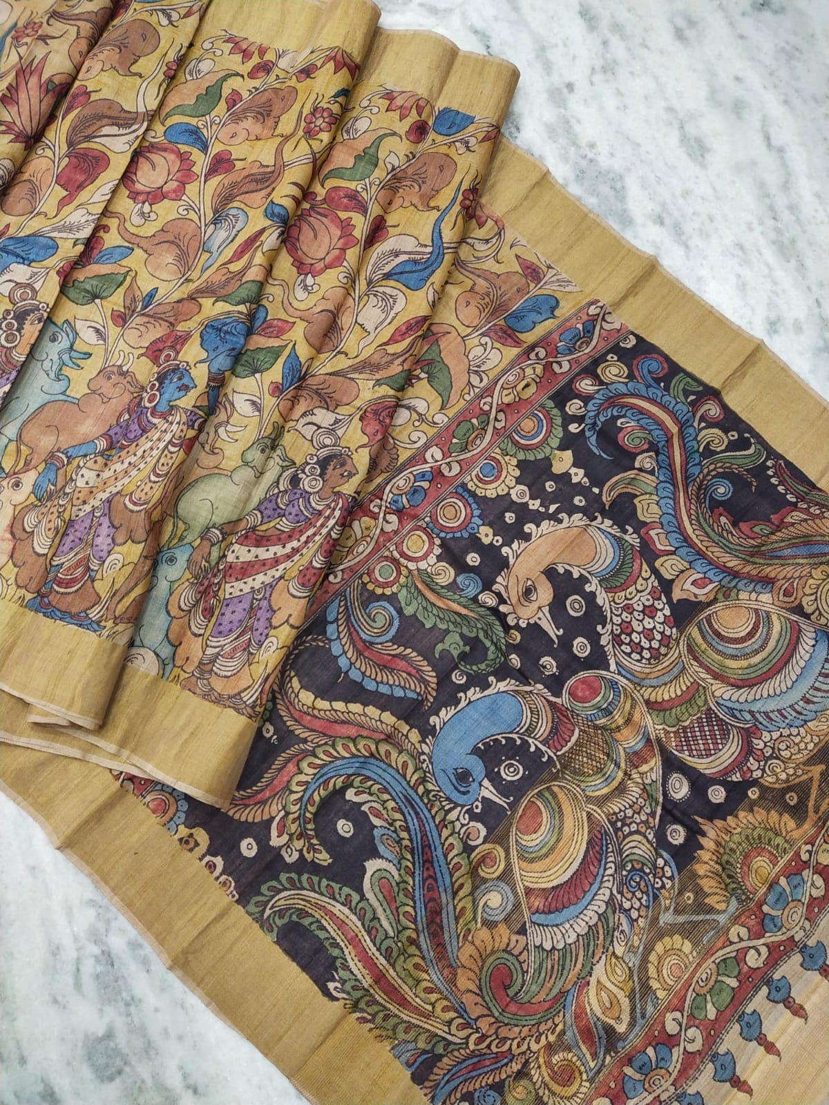 Black - Handpainted Srikalahasti Silk Cotton Pen Kalamkari Fabric 10