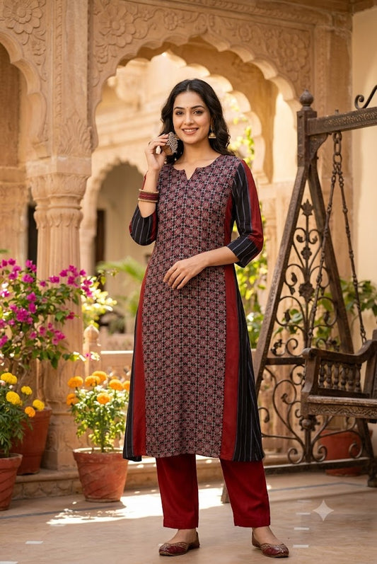 Beautiful Hand Block Printed Ajrakh Modal Silk Kurta, Size 40 to 44