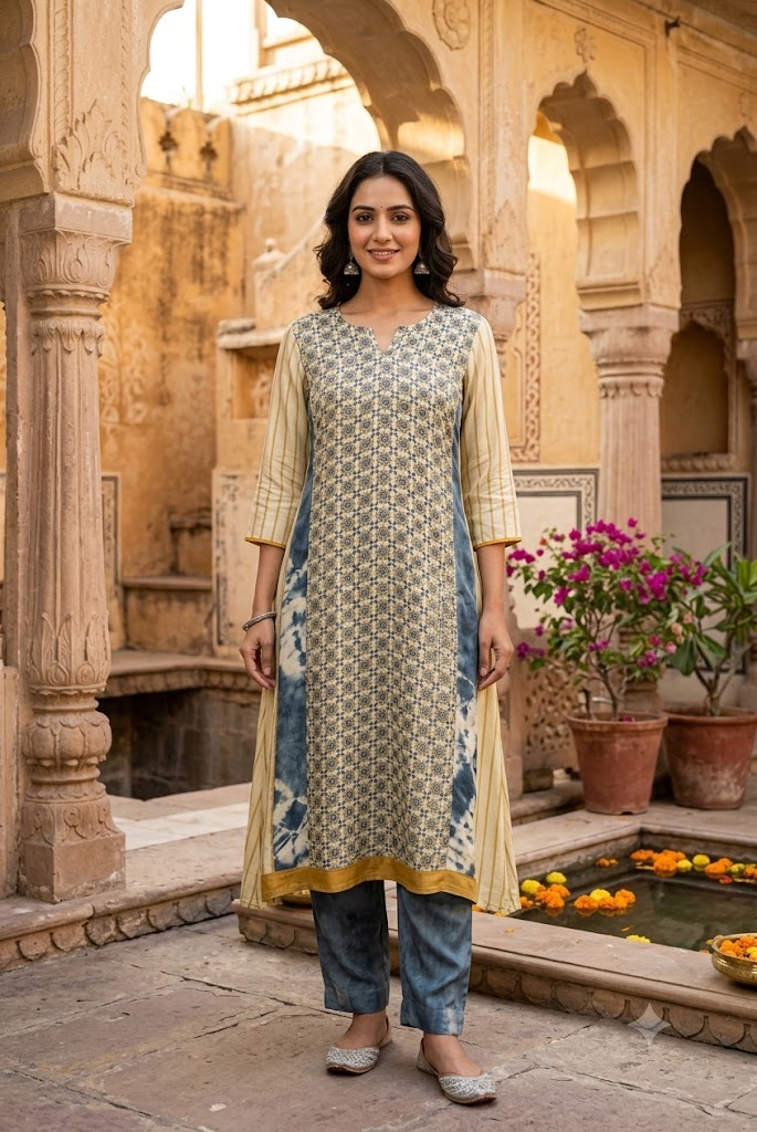 Beautiful Hand Block Printed Ajrakh Modal Silk Kurta, Size 40 to 44