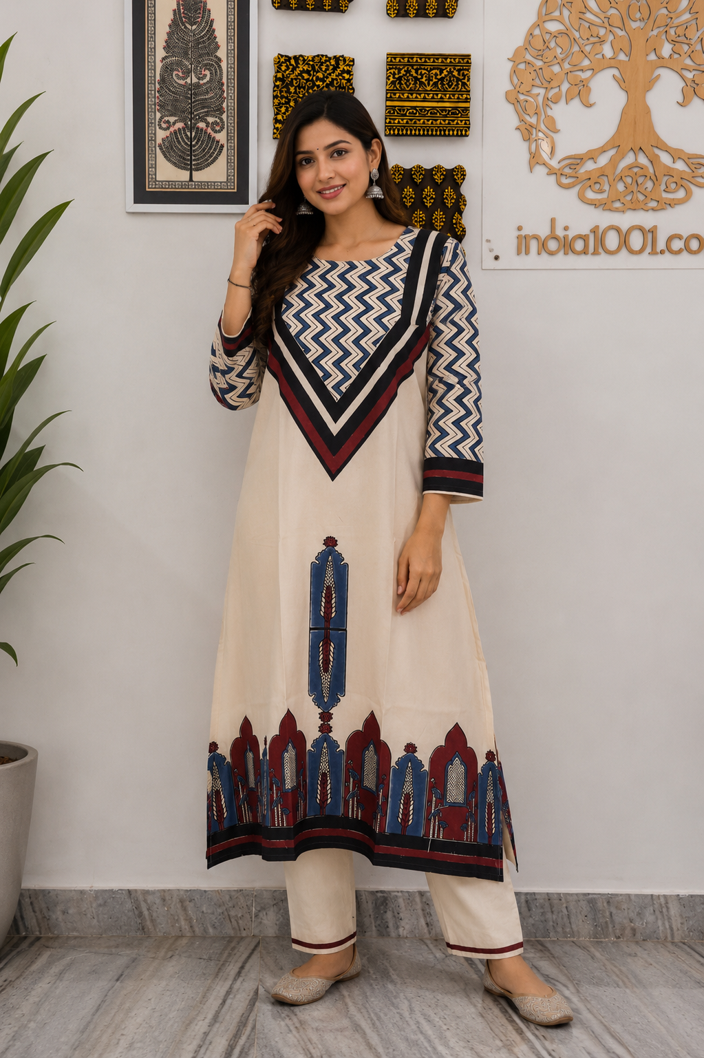 Designer Ajrakh Hand Block Printed cotton Kurta With Mirror Work - Size 38 to 46 ( all sizes)
