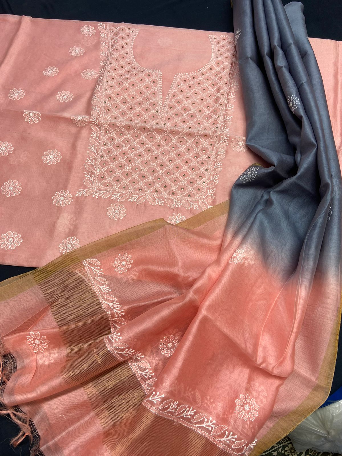 Elegant Chanderi  Kurta & Tie & Dye Dupatta Set with Chikankari Embroidery & Muqaish work