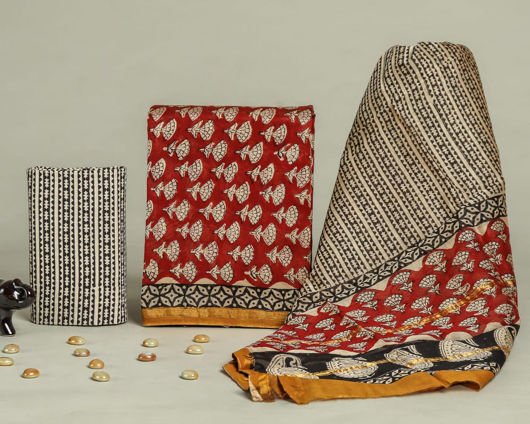 Blue Naphthol Block Butti Print Chanderi Unstitched Suit Set Material