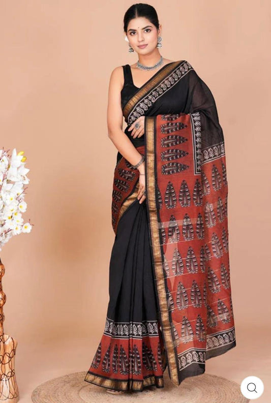 ज्यामिति : Elegant & Classic Hand Block Printed Bagru Maheshwari Silk Cotton Saree
