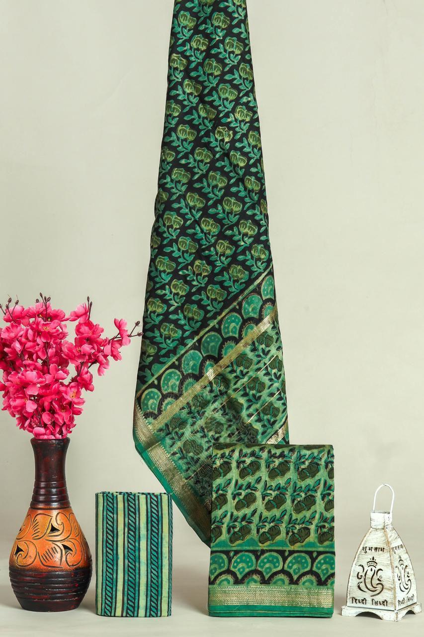 Beautiful Hand Block Printed Vanaspati Ajrakh Maheshwari Silk Cotton Unstitched suit fabric - 3 pc set