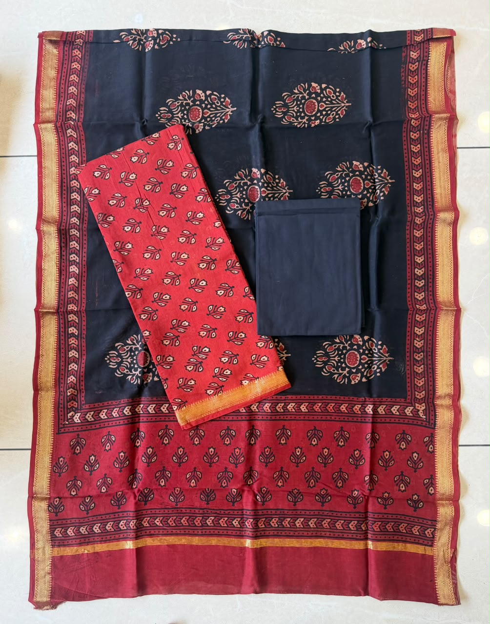 Beautiful Hand Block Printed  Maheshwari Silk Cotton Unstitched suit fabric - 3 pc set