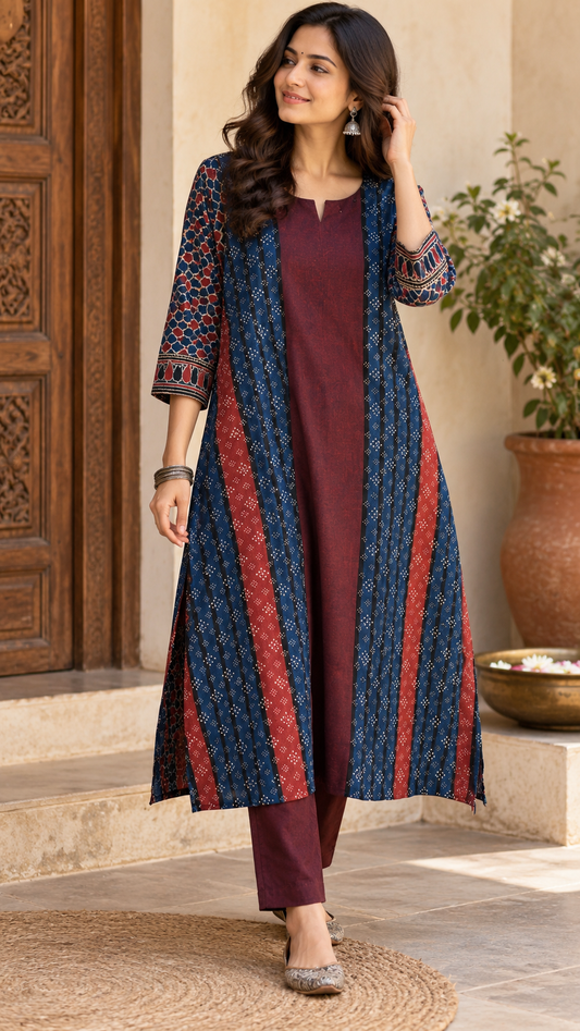 Designer Ajrakh Hand Block Printed Linen Kurta - Size 38 to 46 ( all sizes)