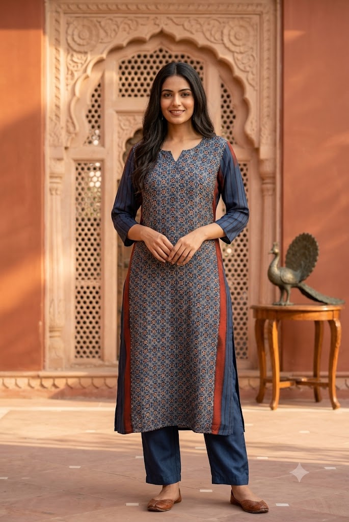 Beautiful Hand Block Printed Ajrakh Modal Silk Kurta, Size 40 to 44