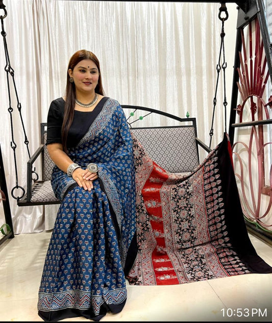 Elegant Hand Block Printed Ajrakh Modal Silk Saree with tassels