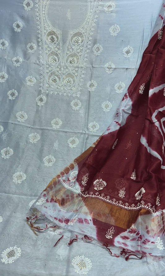 Elegant Chanderi  Kurta & Tie & Dye Dupatta Set with Heavy Chikankari Embroidery & Muqaish work