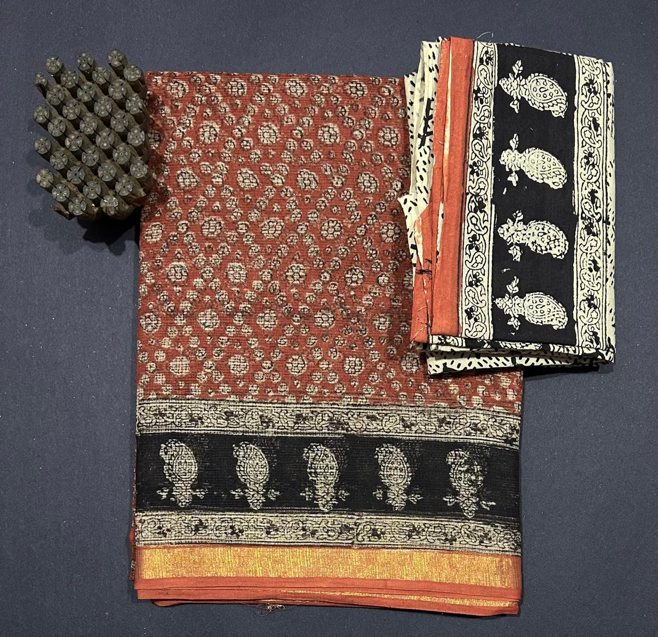 Beautiful Hand Block Printed Kota cotton Saree with zari border