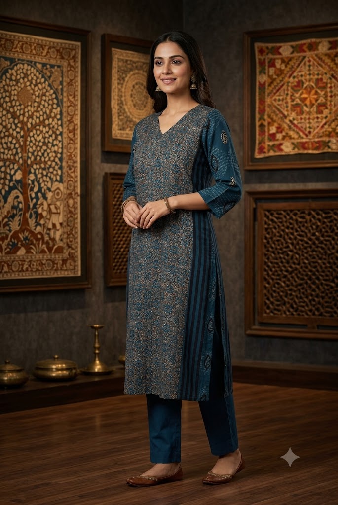 Beautiful Hand Block Printed Ajrakh Modal Silk Kurta, Size 38  to 44
