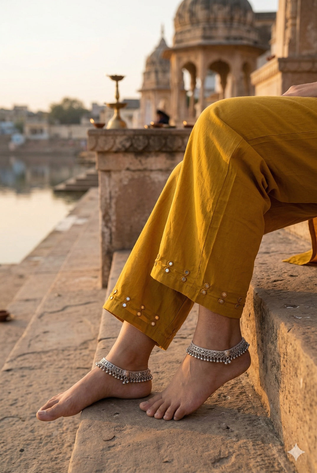 Elegant Cotton Pant With Kutch Mirror Work - Yellow  (Size - 38 - 46)