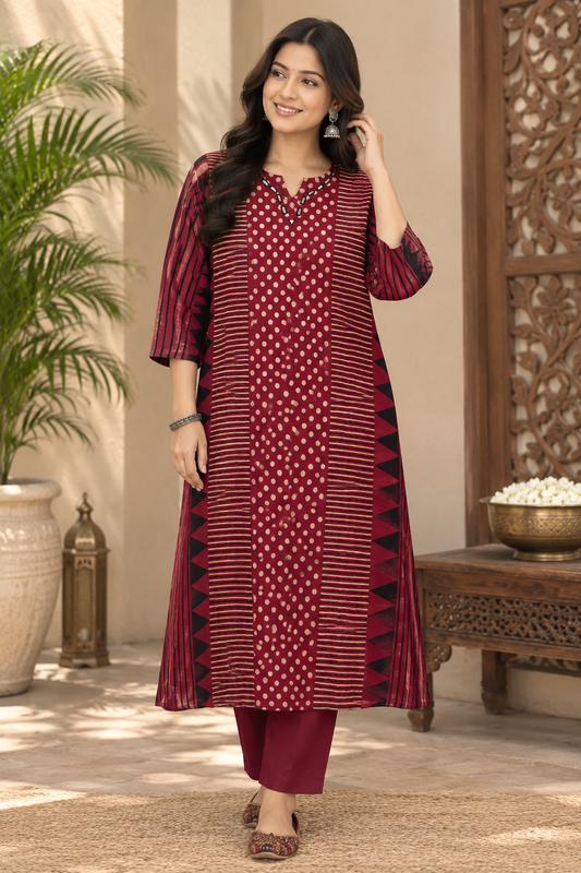 Beautiful Ajrakh Mashru Silk Kurta with Kutch mirror work size - 40-46