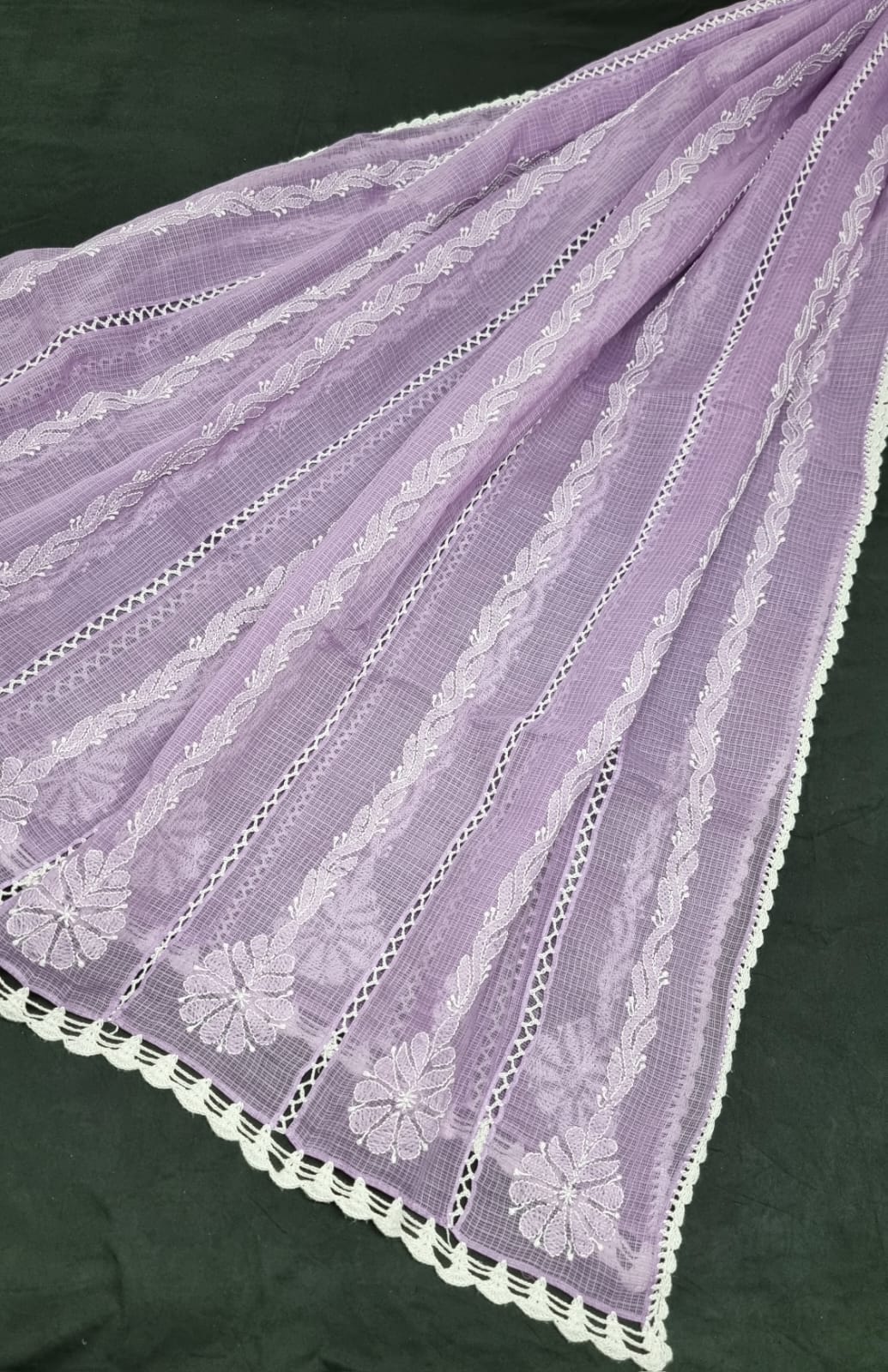Handcrafted Kota Cotton Dupatta with heavy Chikankari embroidery & crochet borders - Dyeable