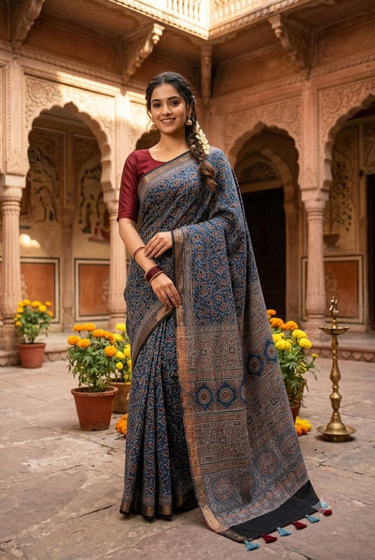 Elegant & Earthy Hand Block Printed Ajrakh Maheshwari Saree