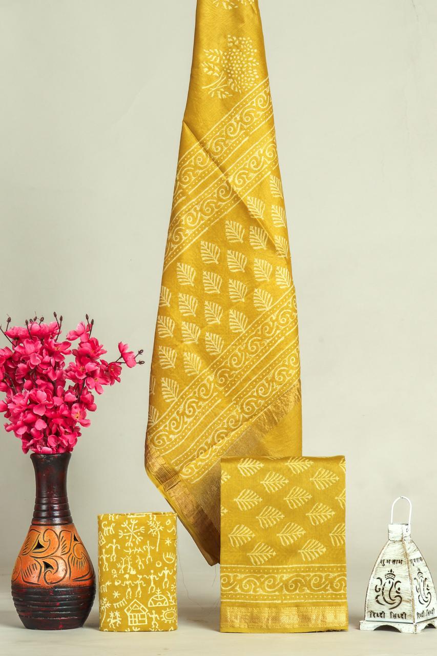 Beautiful Hand Block Printed  Maheshwari Silk Cotton Unstitched suit fabric - 3 pc set