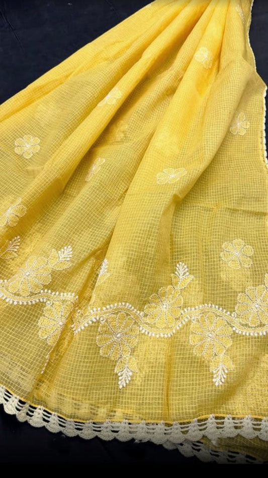 Handcrafted Kota Cotton Dupatta with Chikankari embroidery & crochet borders