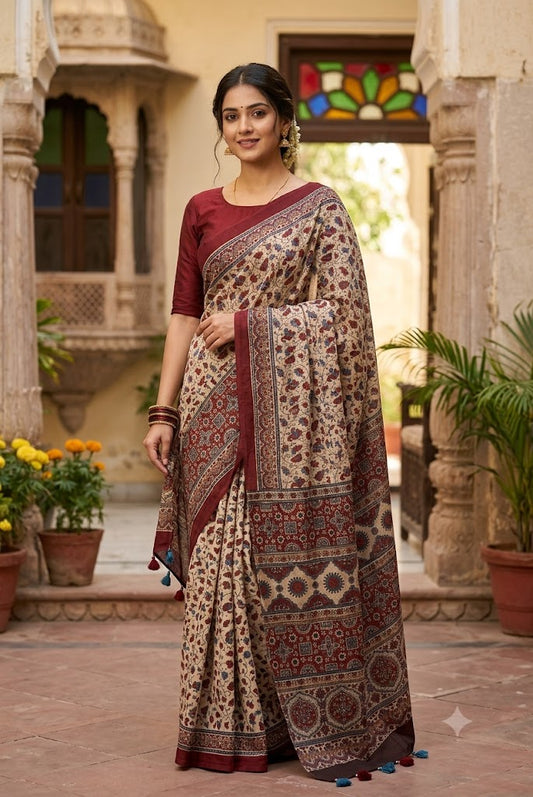 Elegant & Earthy Hand Block Printed Ajrakh Maheshwari Saree