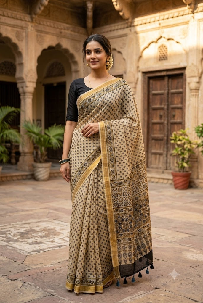 Elegant & Earthy Hand Block Printed Ajrakh Maheshwari Saree