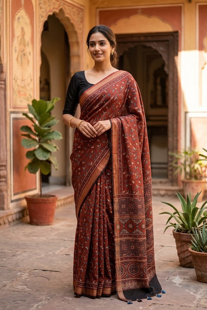 Elegant & Earthy Hand Block Printed Ajrakh Maheshwari Saree