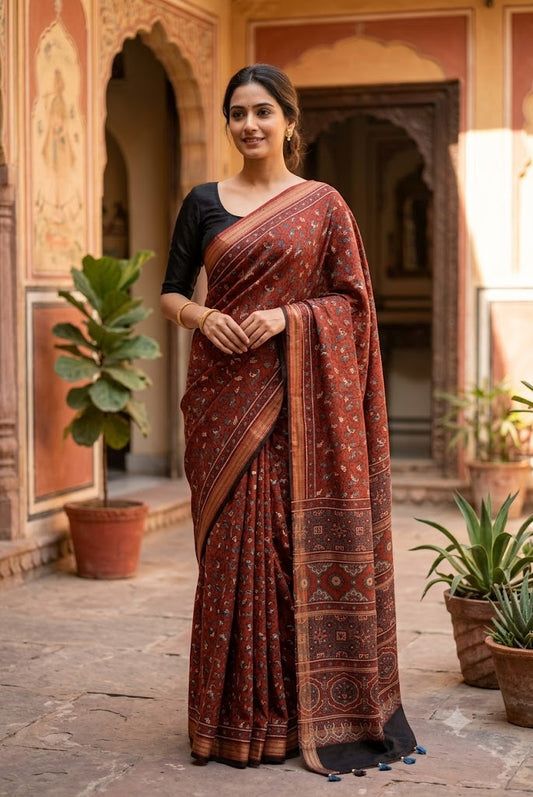 Elegant & Earthy Hand Block Printed Ajrakh Maheshwari Saree