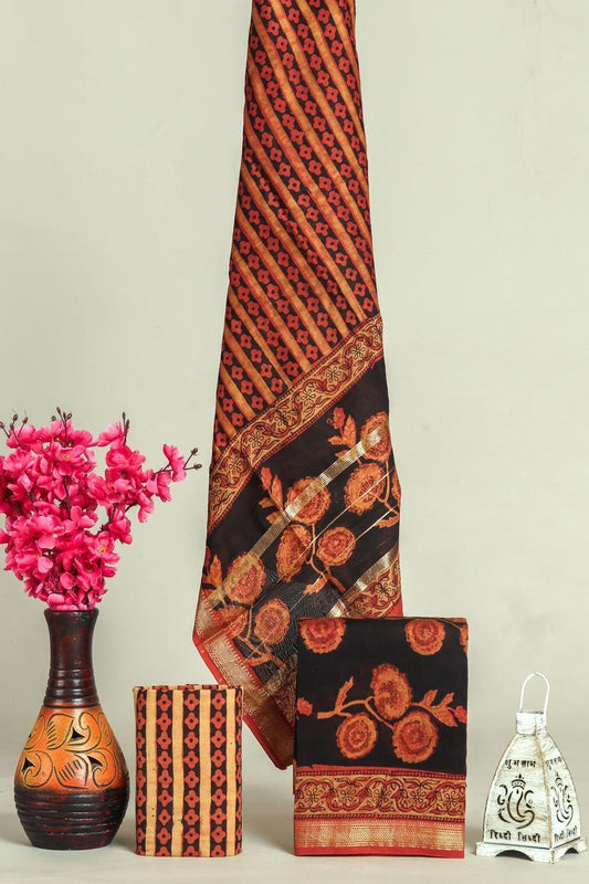 Beautiful Hand Block Printed Vanaspati Ajrakh Maheshwari Silk Cotton Unstitched suit fabric - 3 pc set