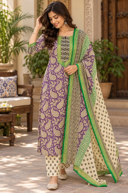 Designer Maheshwari Silk Hand Block Print 3 pc Suit  - 38 to 46 size