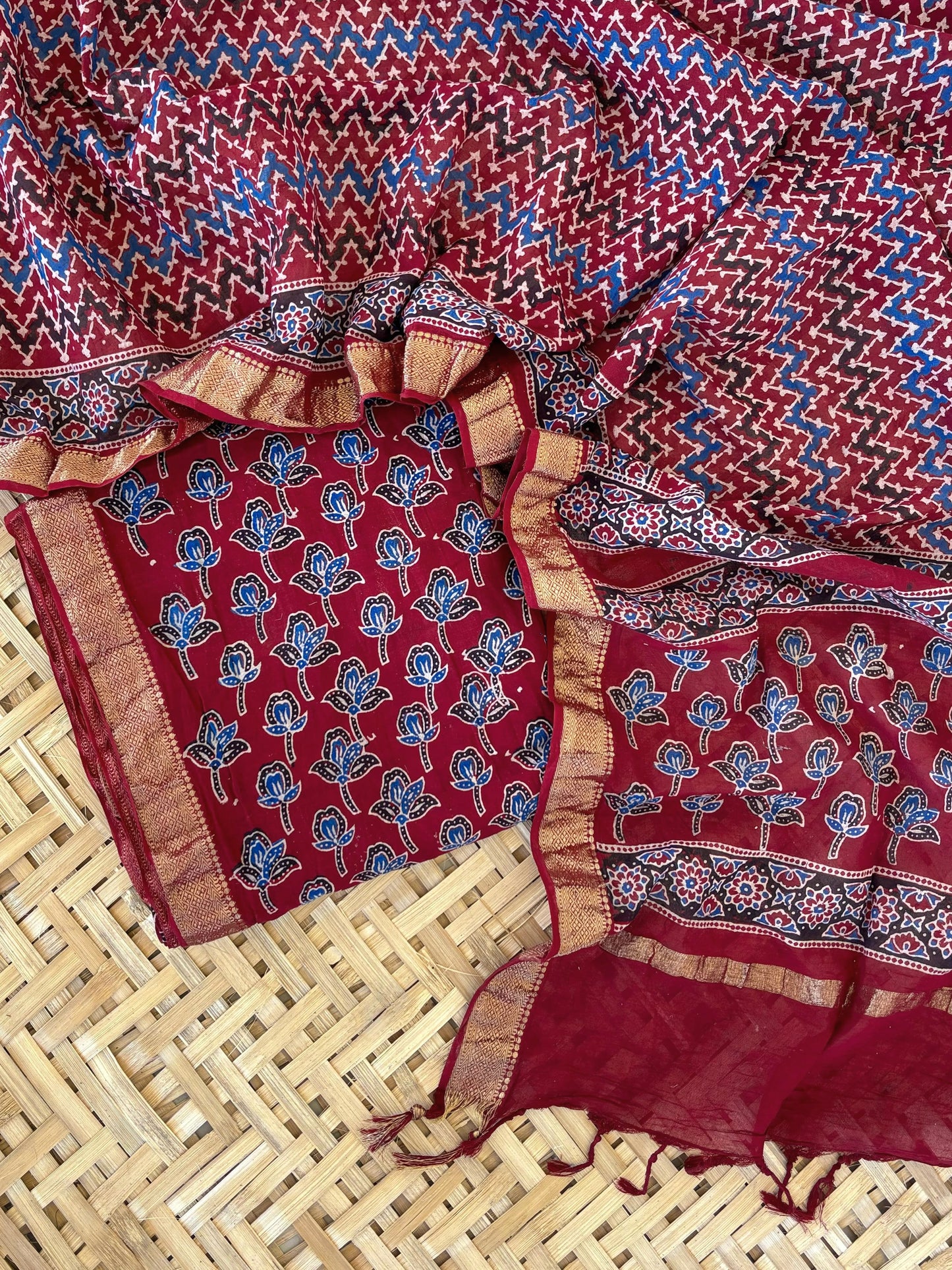 Beautiful Hand Block Printed Ajrakh Mangalgiri cotton Kurta fabric & Dupatta set