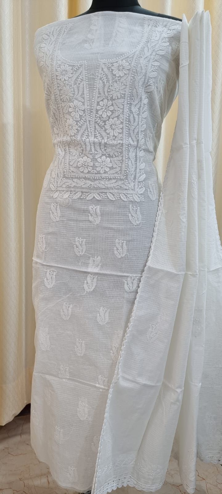 Elegant Kota Doria Kurta & Dupatta Set with Lucknowi Hand Chikankari embroidery - base white color - Dyeable