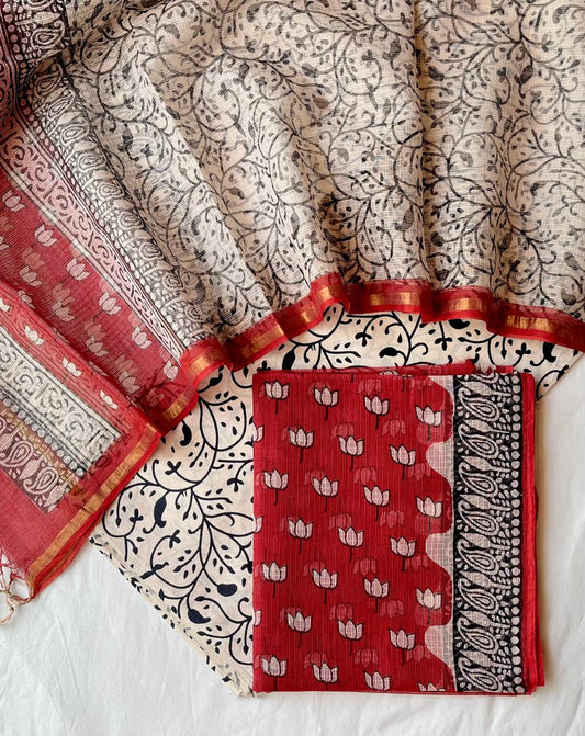 Beautiful Hand Block printed Kota Doria cotton suit