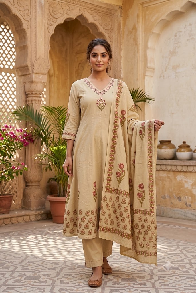 Designer Hand Block Printed Cotton 3 pc Suit  - 40 to 46 size