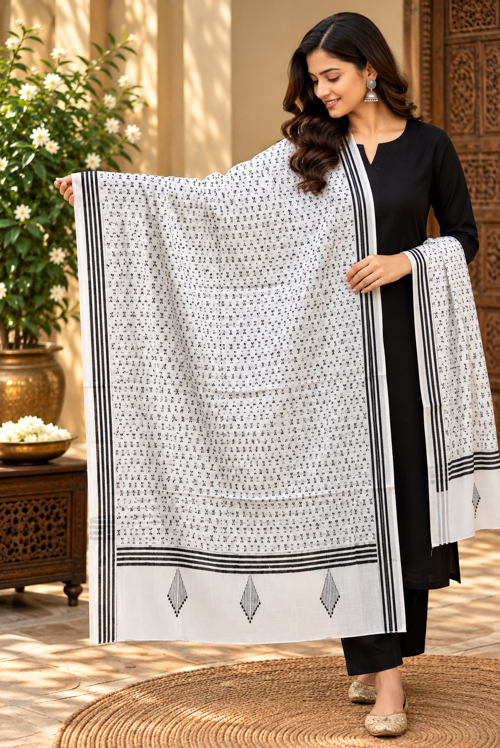 Hand embroidered Cotton Dupatta with Bengal Kantha work