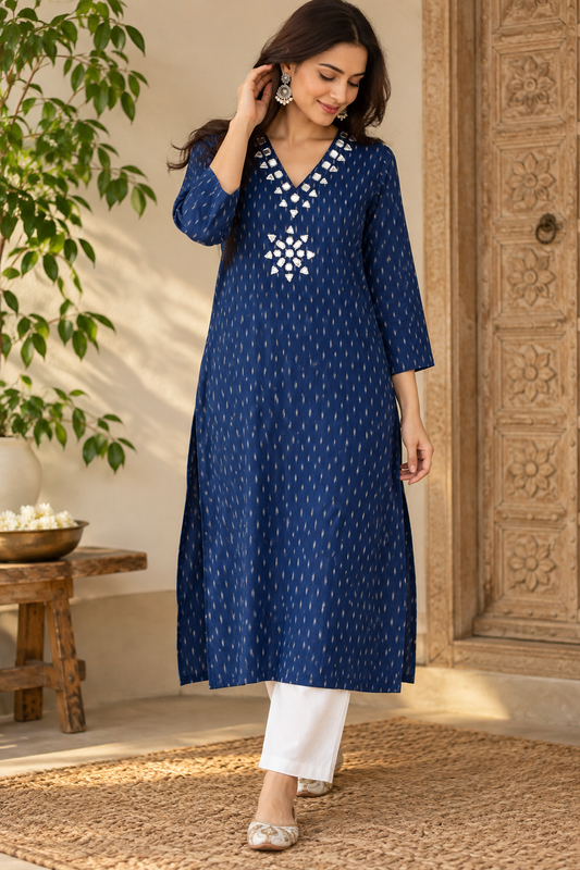 Designer Handwoven Ikkat pure cotton Kurta With Kutch Mirror Work - Size 40 to 46 ( all sizes)