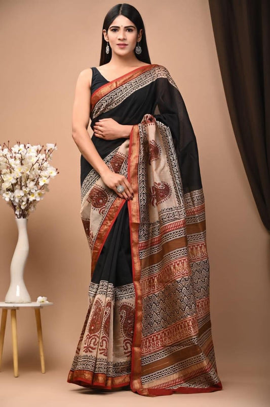 ज्यामिति : Elegant & Classic Hand Block Printed Bagru Maheshwari Silk Cotton Saree