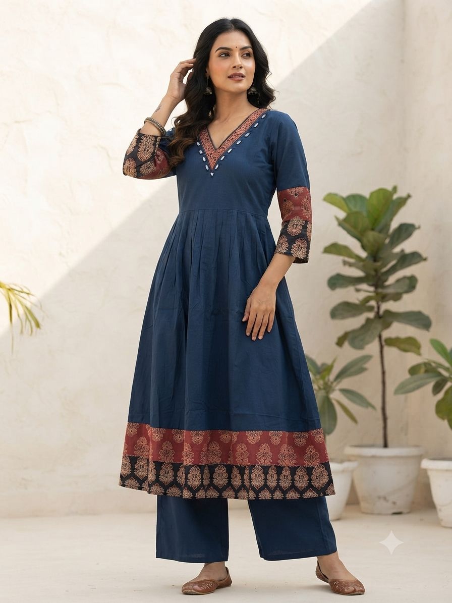 Designer Hand Block Printed cotton Kurta With Mirror Work - Size 38 to 48 ( all sizes)