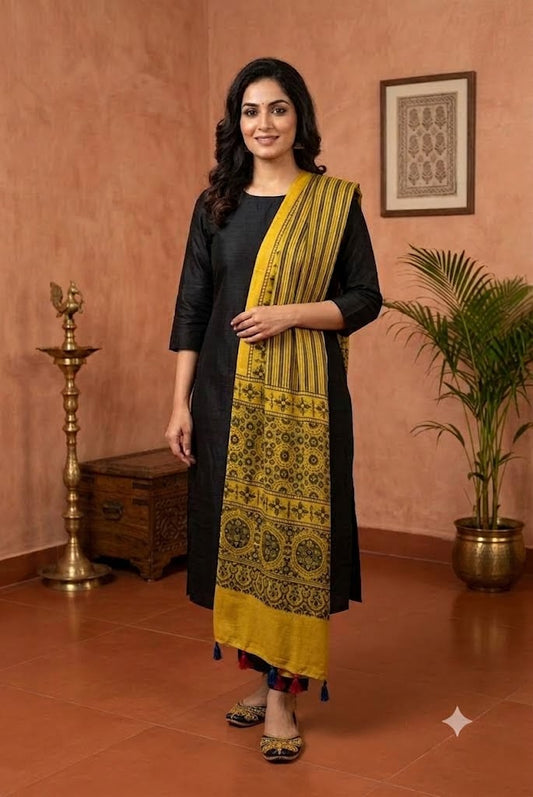 Beautiful Hand Block Printed Ajrakh Modal Silk stole with Tassels