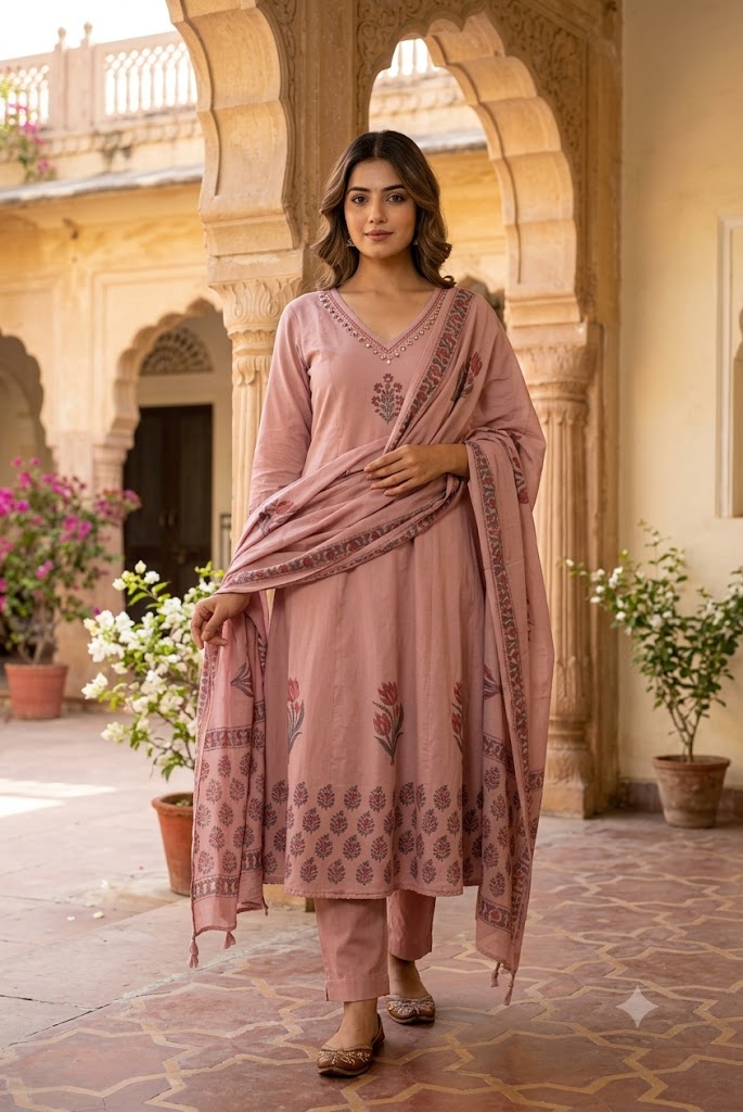 Designer Hand Block Printed Cotton 3 pc Suit  - 40 to 46 size