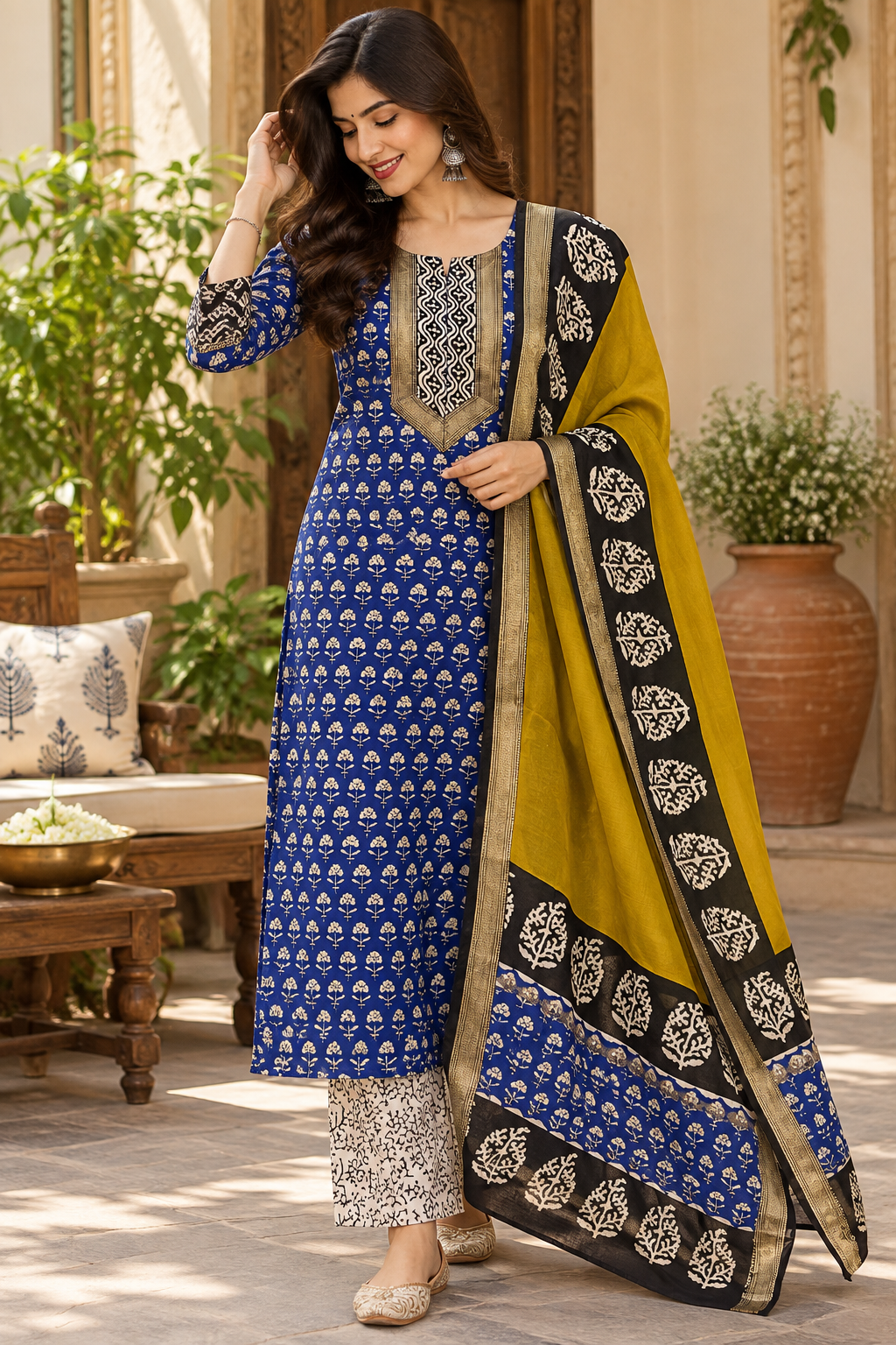 Designer Maheshwari Silk Hand Block Print 3 pc Suit  - 38 to 46 size