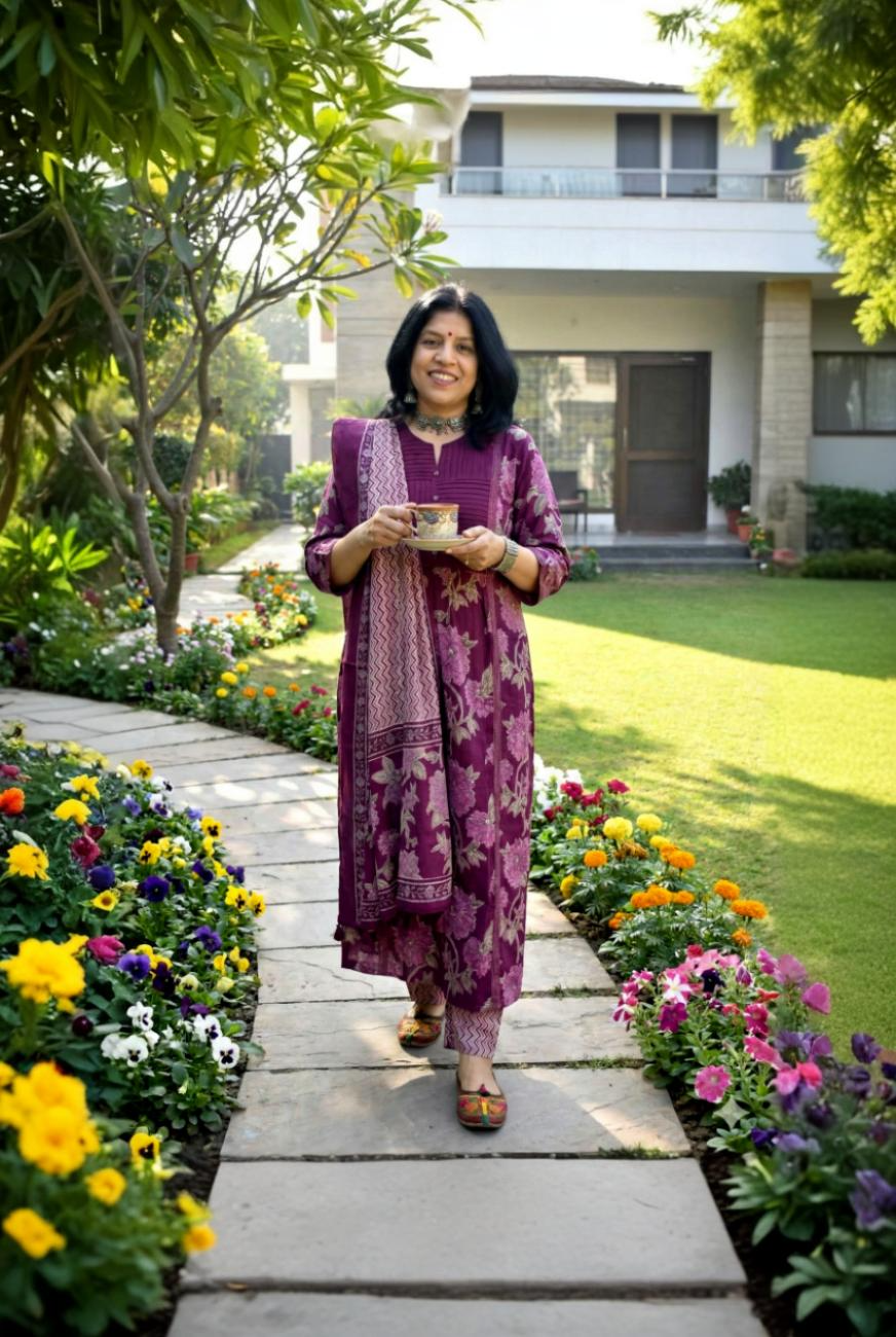 Beautiful Block Printed Cotton suit with Hand Embroidery - Kurta , Cotton Dupatta & Pant - size  38, 40, 42, 44