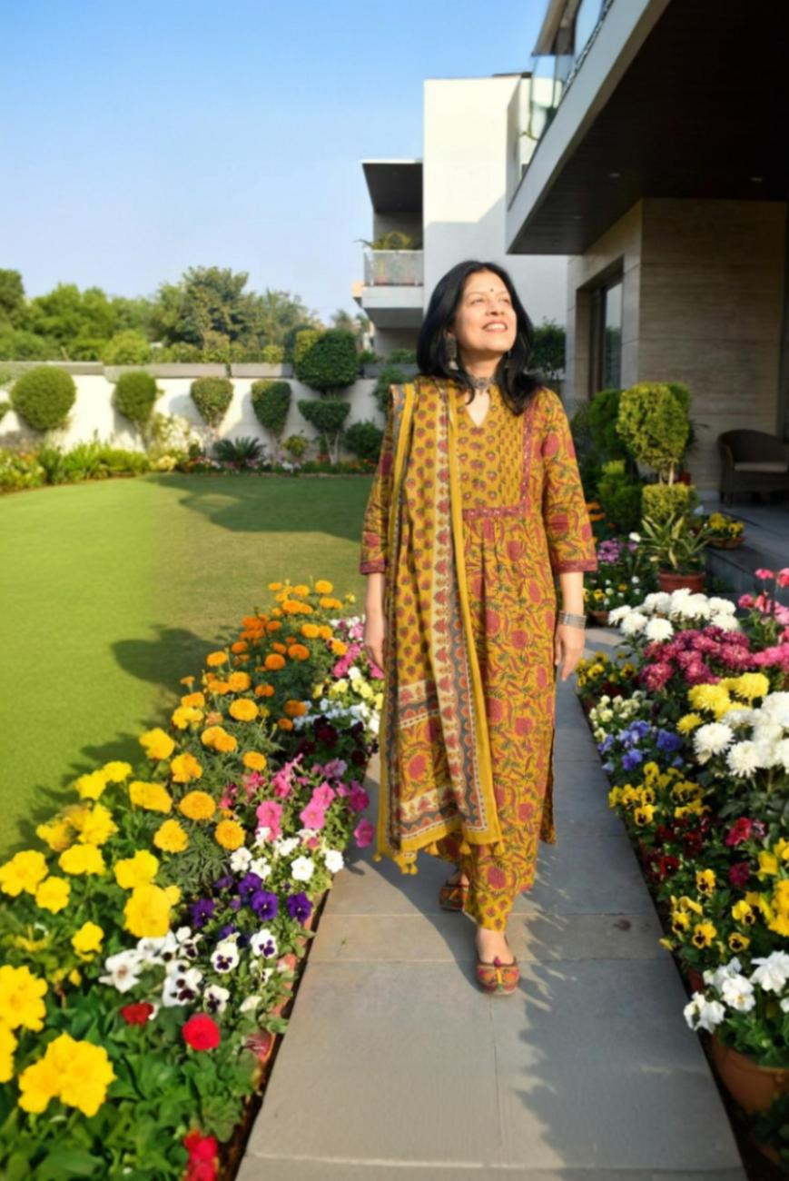 Beautiful Block Printed Cotton suit with Hand Embroidery - Kurta , Cotton Dupatta & Pant - size  38, 40, 42, 44