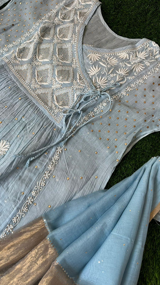 Elegant Mul chanderi silk Semi stitched Angarkha & dupatta set with Chikankari & Muqaish work