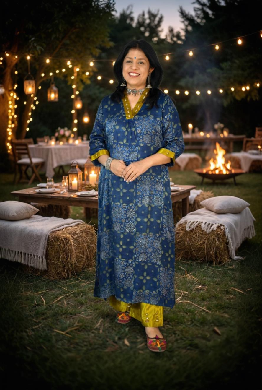 Beautiful Ajrakh Modal Silk Kurta with Kutch Mirror Work size - 38 - 44