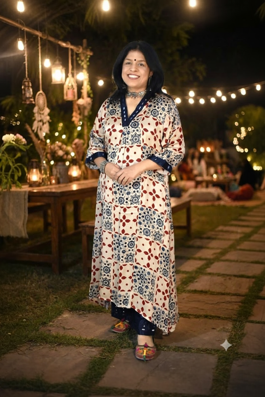 Beautiful Ajrakh Modal Silk Kurta with Kutch Mirror Work size - 38 - 44