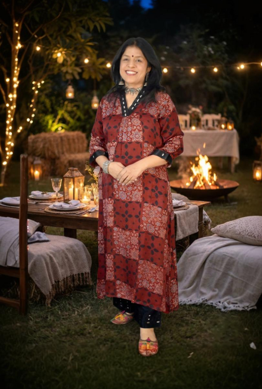 Beautiful Ajrakh Modal Silk Kurta with Kutch Mirror Work size - 38 - 44