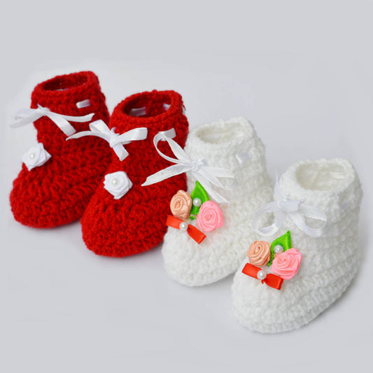 Set of 2 - Handmade Woolen Baby Booties set - Size 0 to 6 months