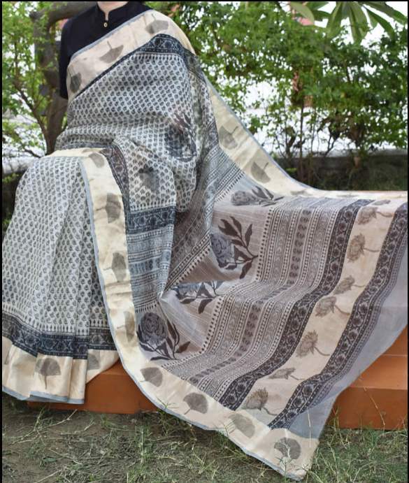 Beautiful Hand Block Printed Kota Silk Saree with Zari border