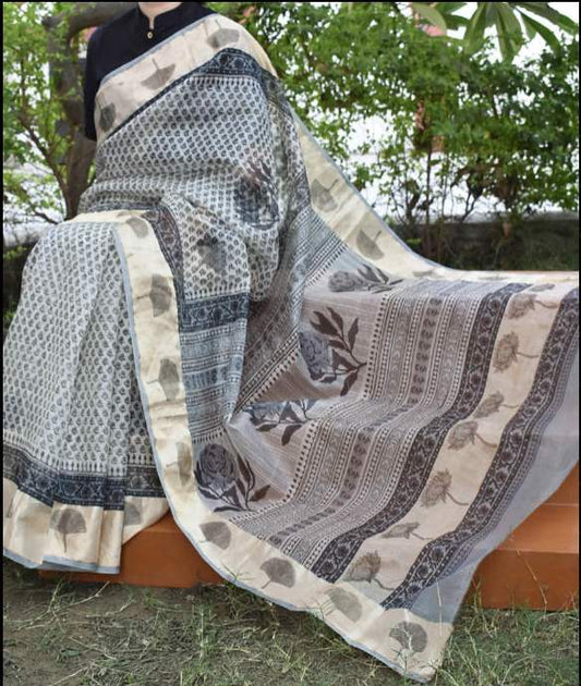 Beautiful Hand Block Printed Kota Silk Saree with Zari border
